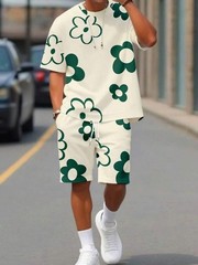 Fashion Men’s Black and White Flower Graphic Print T-shirt Shorts 2-piece Set