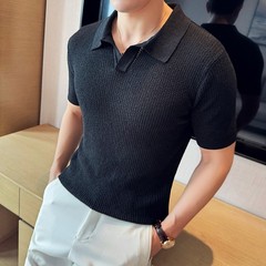 Summer New Men’s Short Sleeve Knit Shirt V-Neck Collar Slimming Casual Shirt Top