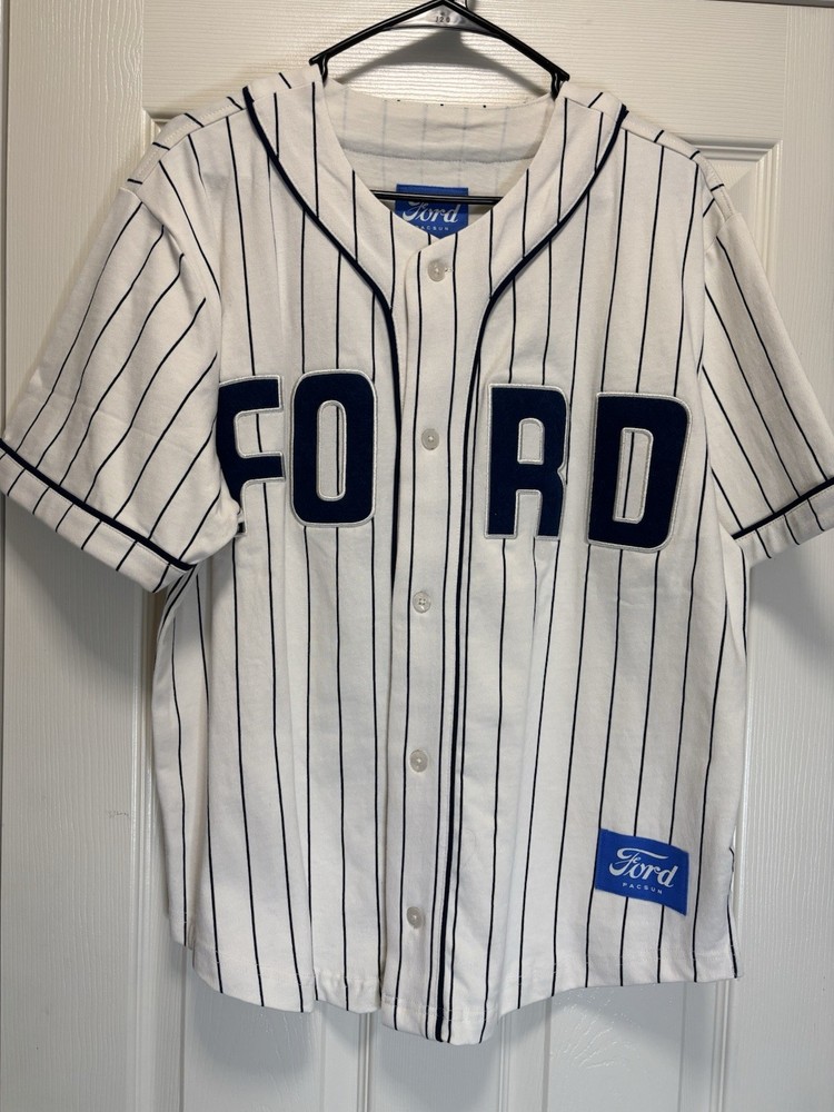 Ford x PacSun Baseball Jersey Mens Small Cream Pinstripe NWT Official Licensed