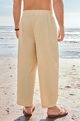 Mens Linen Yoga Pants Elastic Waist Drawstring Summer Beach Loose Fit Trouser