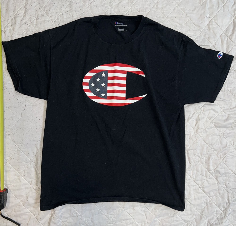 Champion Mens Big C Logo 100% Cotton Tee T-Shirt Navy Blue Red White Stars L