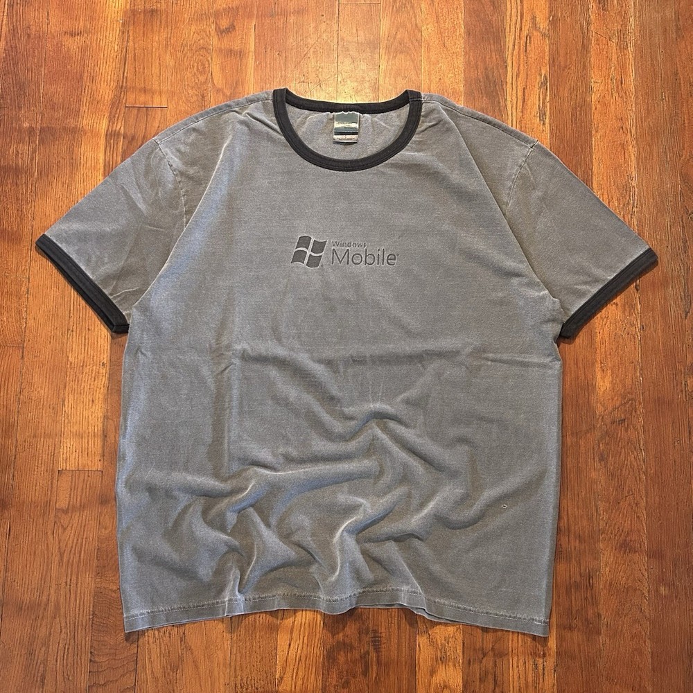 Vintage Microsoft Windows Mobile Computer Tech Faded Gray Black Ringer T-shirt L