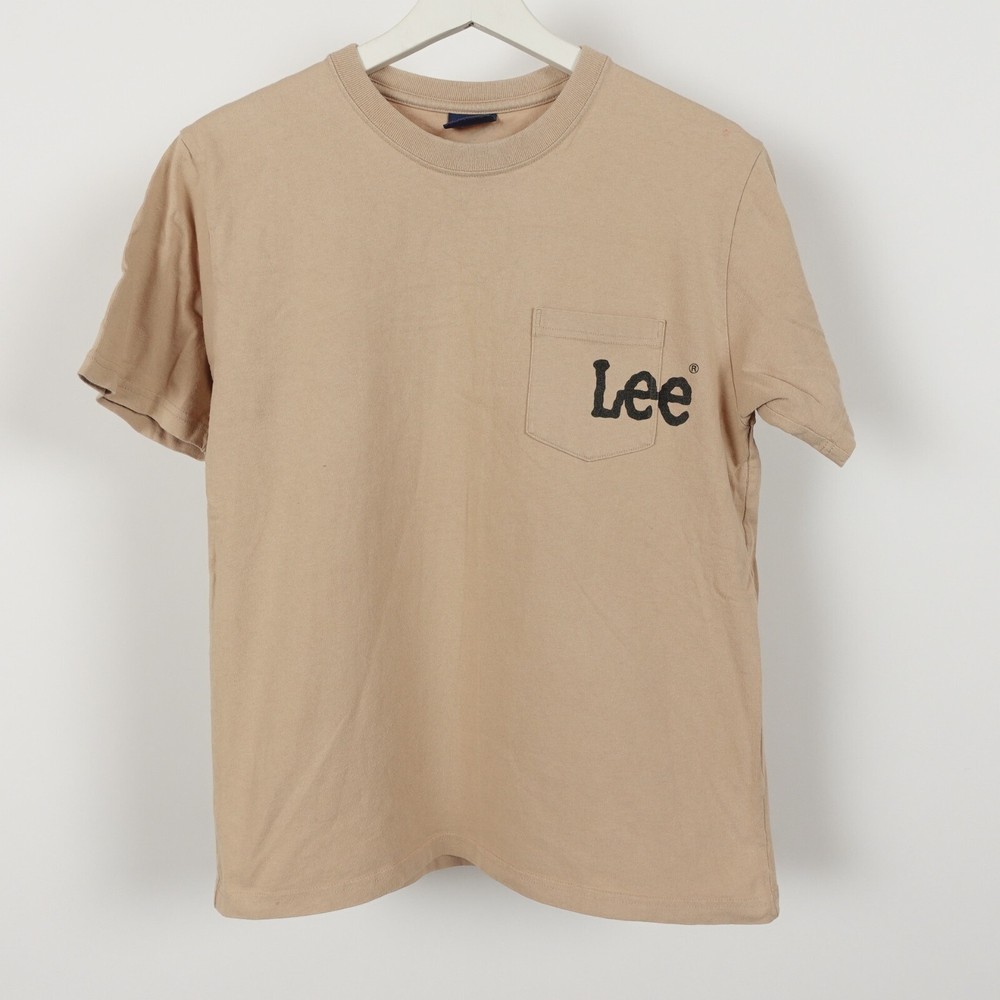 Vinage 80s Lee jeans Pocket T shirt Tee Size Small Logo Spellout Tan Short Sleev