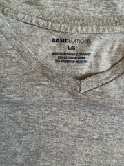 Basic Editions V-Neck T-Shirt-Gray Heather-Short Sleeve-Cotton Poly Blend-Large