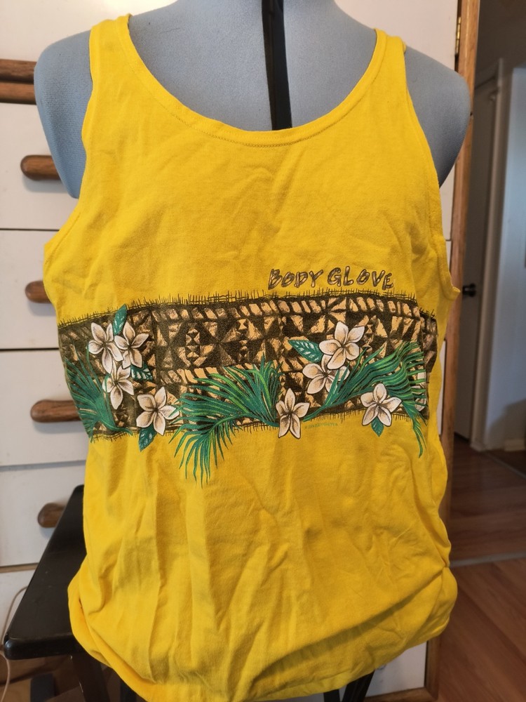 Vintage 90s Body Glove tank top shirt L surfing beach yellow