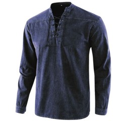 Men Fashion Casual Shirt Retro Pure Color Stand-Up Long Sleeve Collar Top