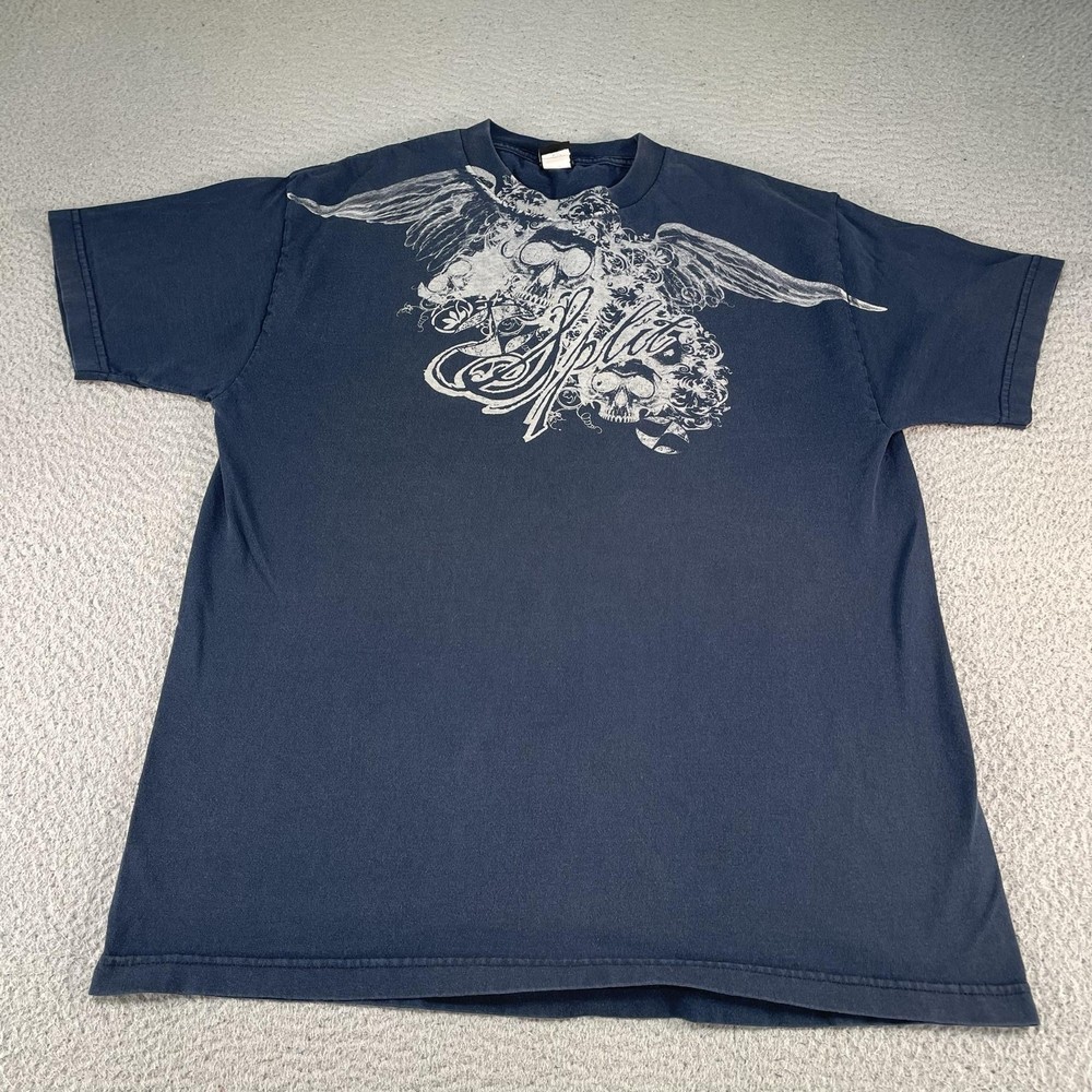 Vintage Split Skater Shirt Mens Large Blue Y2K Wings Skull SKate Gothic Grunge