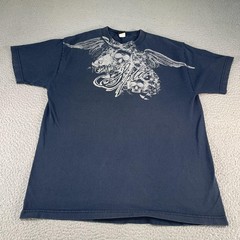 Vintage Split Skater Shirt Mens Large Blue Y2K Wings Skull SKate Gothic Grunge