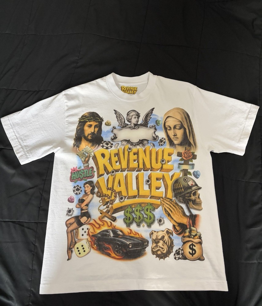 Revenue Valley Money Gambling Graphic White Tee Men’s S Crew Neck Short Sleeve