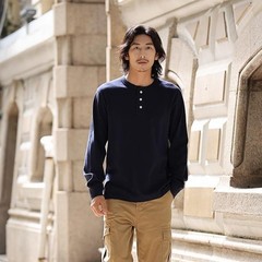 Mens Basic Style Heavyweight Solid Color Long Sleeve Henry Collar Casual T-shirt