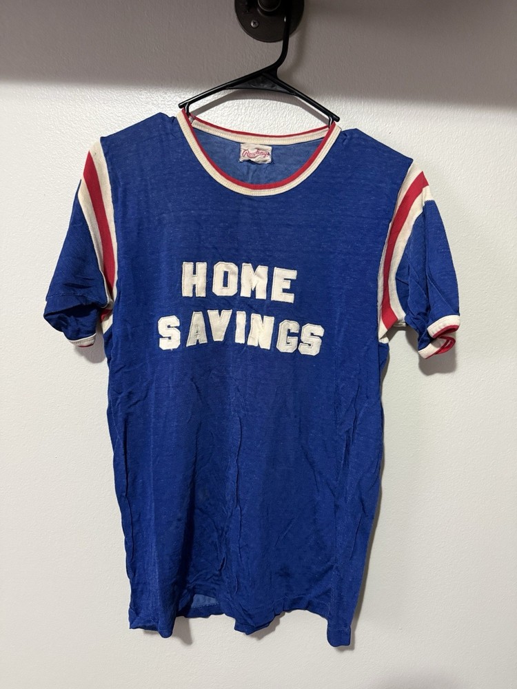 1960s Home Savings Blue Distressed Durene Ringer Jersey T-Shirt Flaws M