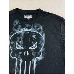 Marvel Black Short Sleeve Tee with Smoky Punisher Skull shiny textured fabric
