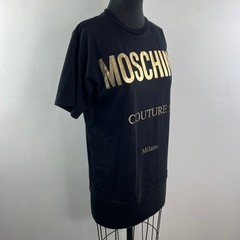 MOSCHINO Couture Black Gold Top Cotton Crew Neck Straight Hem Pullover Size XXS