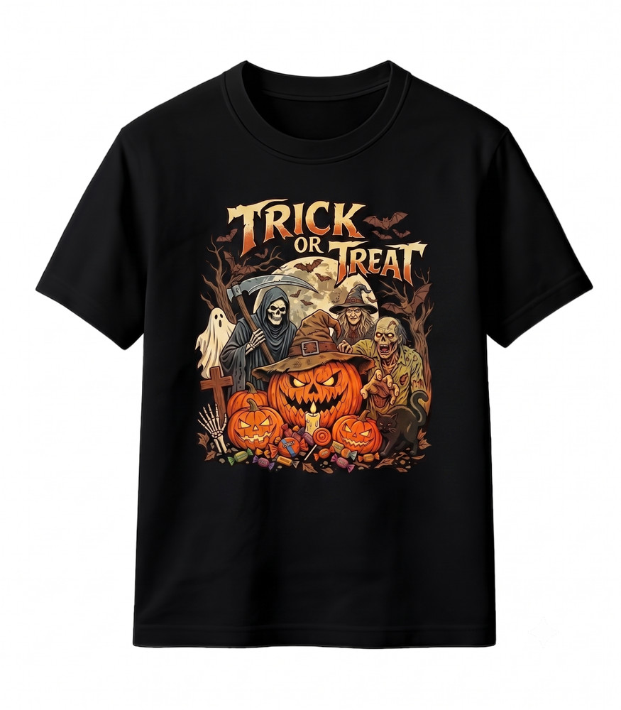 Retro Trick or Treat Halloween T Shirt Spooky Season Vintage Graphic Tee Family