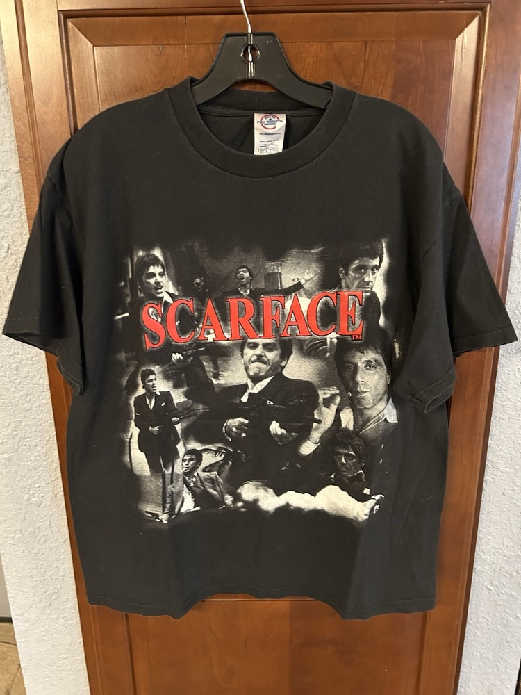 Vintage 80s Scarface Movie Promo T-Shirt Large Black w Red Puffy Spumoni Letters