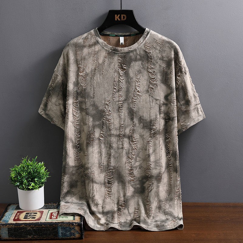 Men Luxury Fashion Trend Distressed Ripped Hole Casual Summer Streetwear T-Shirt