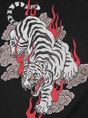 Niepce Men’s Vibrant Red Flame White Tiger Embroidery Japanese Streetwear Tee