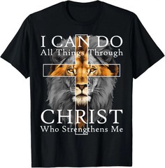[100% Cotton] Strong Lion With Cross Christian Faith Inspirational T-Shirt