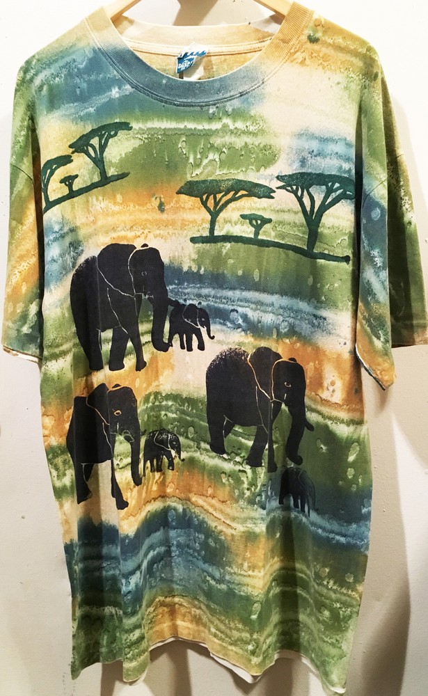 ELEPHANT SHIRT ALL OVER PRINT HAND DYED DEEP SEA MENS XL LONG AOP AFRICA ART !!!
