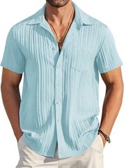 Men Casual Button Down Short Sleeve Textured Summer Beach Shirt with Pocket