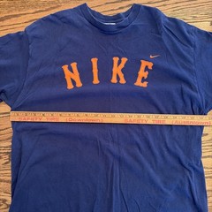 Vintage 90s Nike Blue Graphic SPELLOUT Logo T-Shirt Men’s Large Orange Lettering