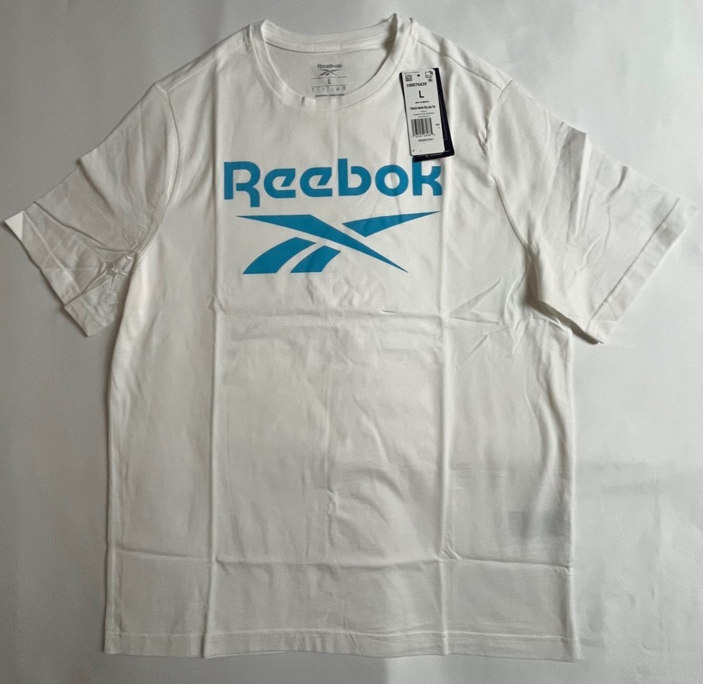 Reebok Men’s White Crew T-Shirt Sz Large Cyan Logo
