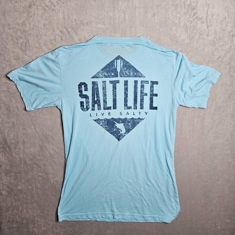 Salt Life T-Shirt Mens Medium Blue Live Salty Graphic Tee Pocket Marlin Oar