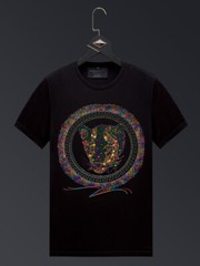 New Men Luxury Diamond Leopard Rhinestones Fashion Black T-Shirt High Quality