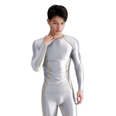 AMORESY Men Glossy Satin Oil Long-Sleeve Fitness T-Shirt Round Neck Running Tops