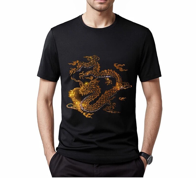 Fashion Trend Dragon Hot Diamonds Rhinestones Black Summer Luxury Men T-Shirt