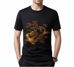 Fashion Trend Dragon Hot Diamonds Rhinestones Black Summer Luxury Men T-Shirt