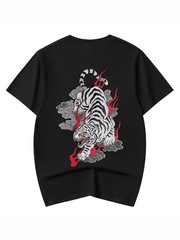 Niepce Men’s Vibrant Red Flame White Tiger Embroidery Japanese Streetwear Tee