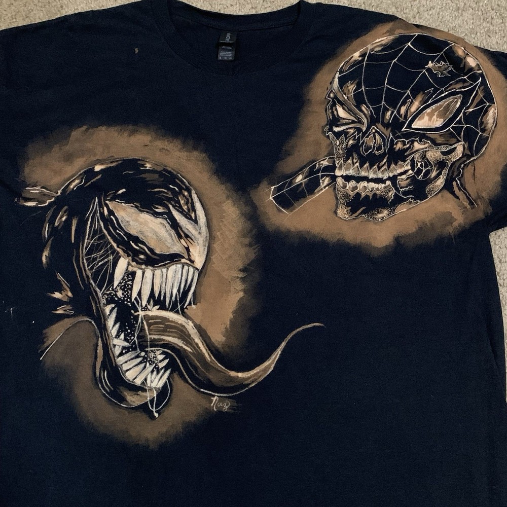 1/1 XL Spider Man Venom Custom Hand Drawn Bleach Art Black Short Sleeve Shirt
