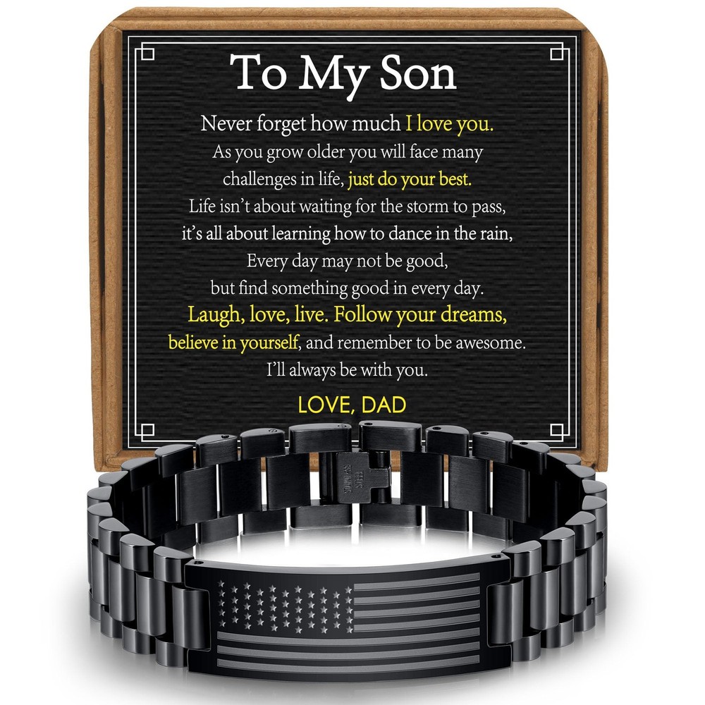 Mens Stainless Steel Watch Link Bracelet American Flag Husband Grandpa Gift
