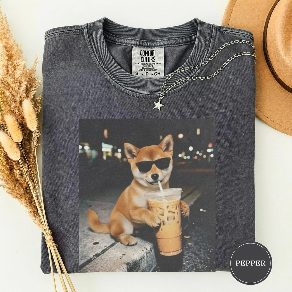 Funny Shiba Inu Drinking Iced Coffee Shirt, Animal Meme Tee T-Shirt