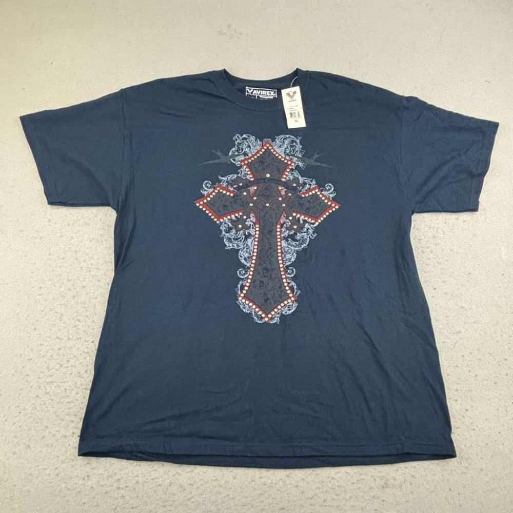 Avirex Shirt Mens XL Blue Christian Cross Crew Neck Short Sleeves Tee NWT