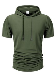 Men Summer Hoodie Short Sleeve Solid Color Loose Drawstring Pullover Top Casual
