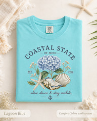Coastal State of Mind Shirt, Comfort Colors Hydrangea Seashell Beach Tee