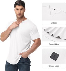 Muscle Fit V Neck T Shirt Men Casual Ribbed Short Sleeve Longline Henley S