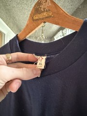 1980s Navy Blue Pocket Flocked Felt Tee Shirt Single Stitch XL Funny Vintage