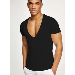 Men’s Deep V-Neck T-Shirt, Cotton Fitness Leisure Tops, Solid Color Europe Size