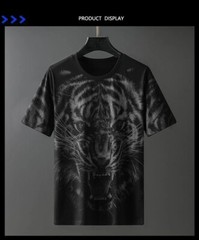 New Fashion Tiger Trend Rhinestones Summer Short Sleeve Luxury Black Men T-Shirt