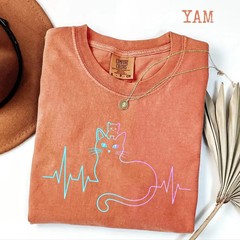 Cute Heartbeat Cat Lover Comfort Tee Pet Owner Soft Cotton
