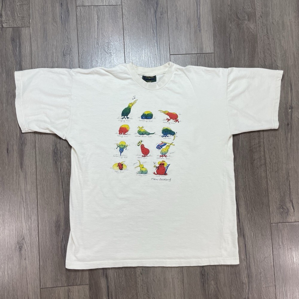 Vintage New Zealand T Shirt Kiwi Native Birds Sport Club Size XL White Cotton