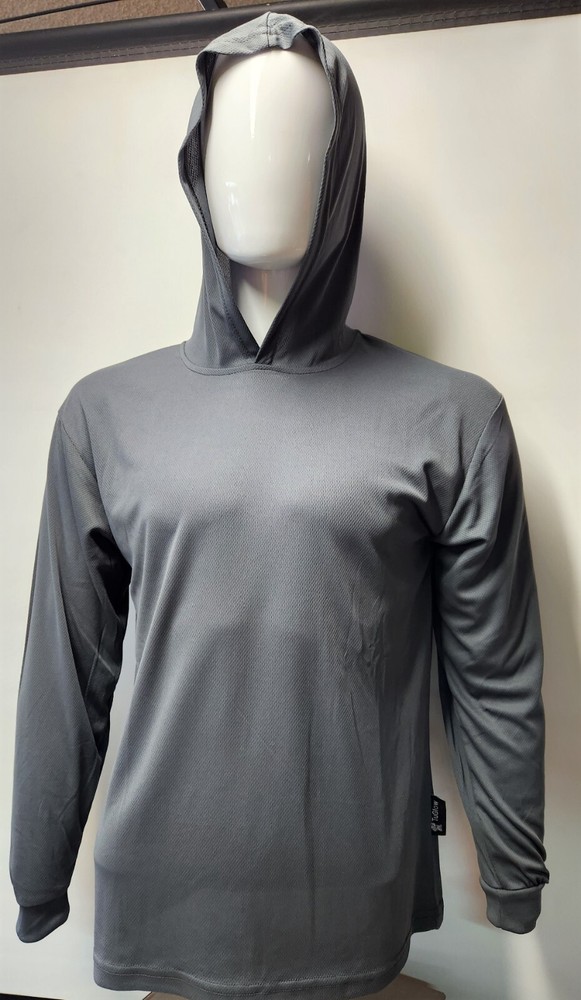 Gray Long Sleeve Shirt With Hoodie, Polyester birdeye mesh fabric