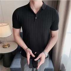 Plain Striped Black Male Polo Shirts Skinny Short Quarter Sleeve Casual Party Ch