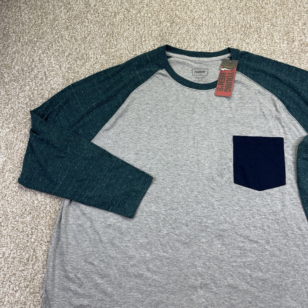NEW Foundry T Shirt Mens Big Size 3XL Gray Teal Blue Long Sleeve Raglan Pocket