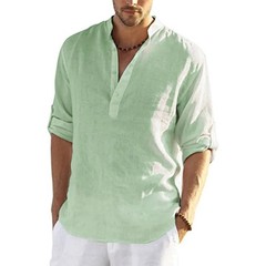 Men’s Cotton Linen Henley Long Sleeve Shirt Casual Beach T-shirt Tee Summer Gift