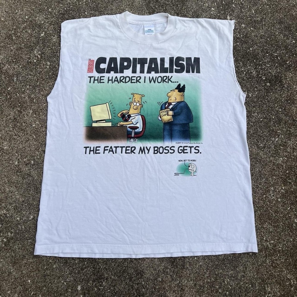 90s Dilbert Capitalism White Sleeveless Tank. Made in U.S.A L Vintage