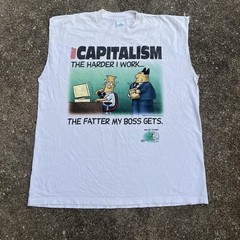 90s Dilbert Capitalism White Sleeveless Tank. Made in U.S.A L Vintage